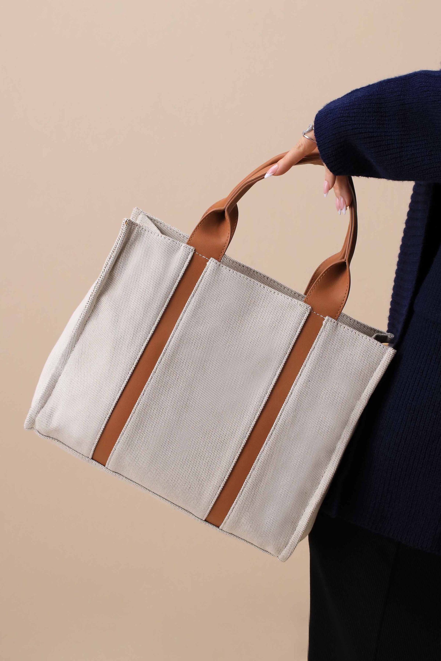 Beige & Brown Tote Bag-444702113 - Image 5