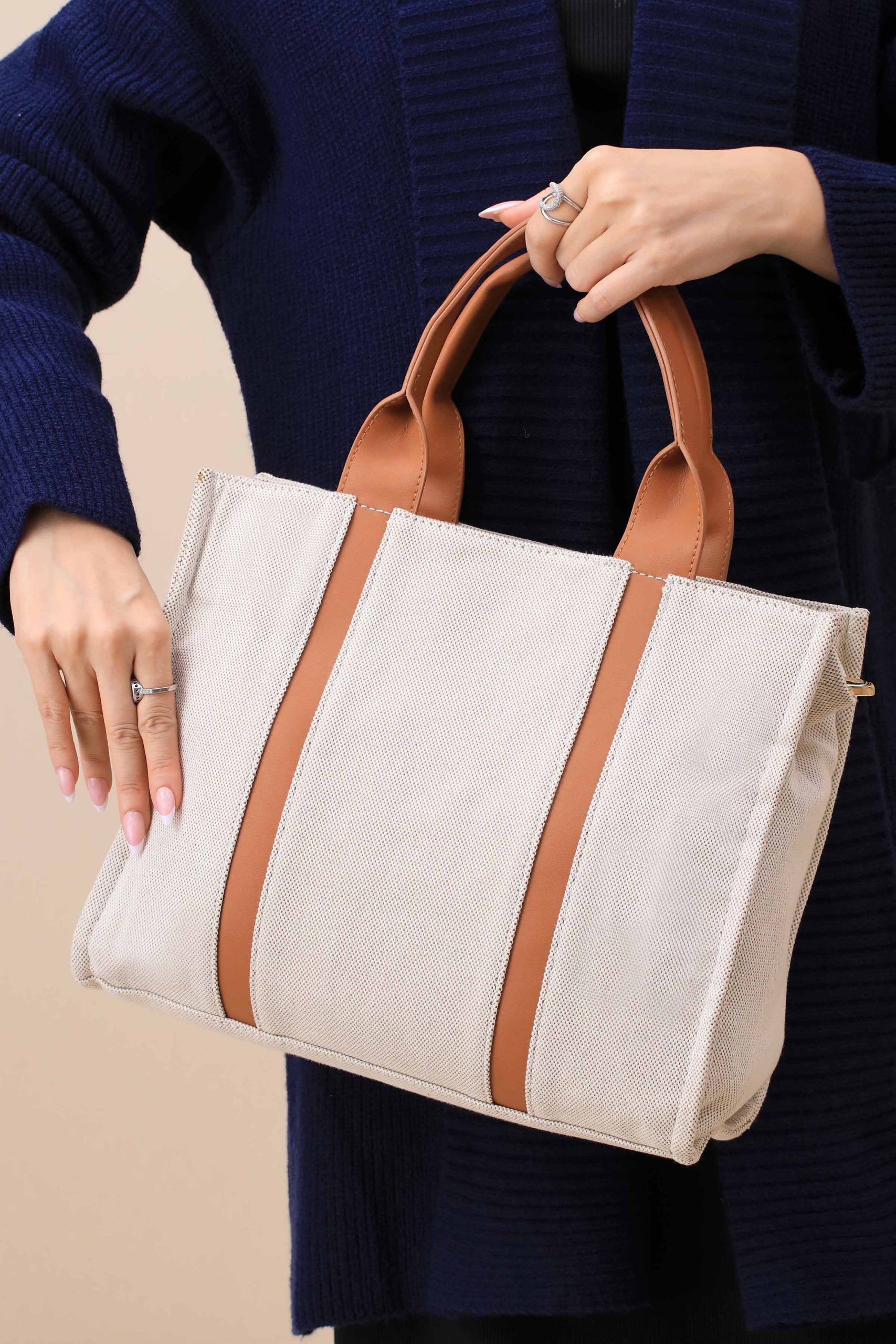 Beige & Brown Tote Bag-444702113 - Image 2